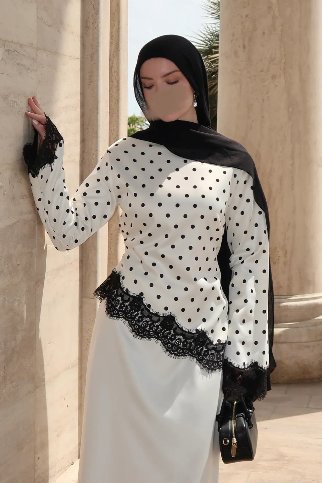 Polka Dot Embroidered Lace Hemline Tunic-White