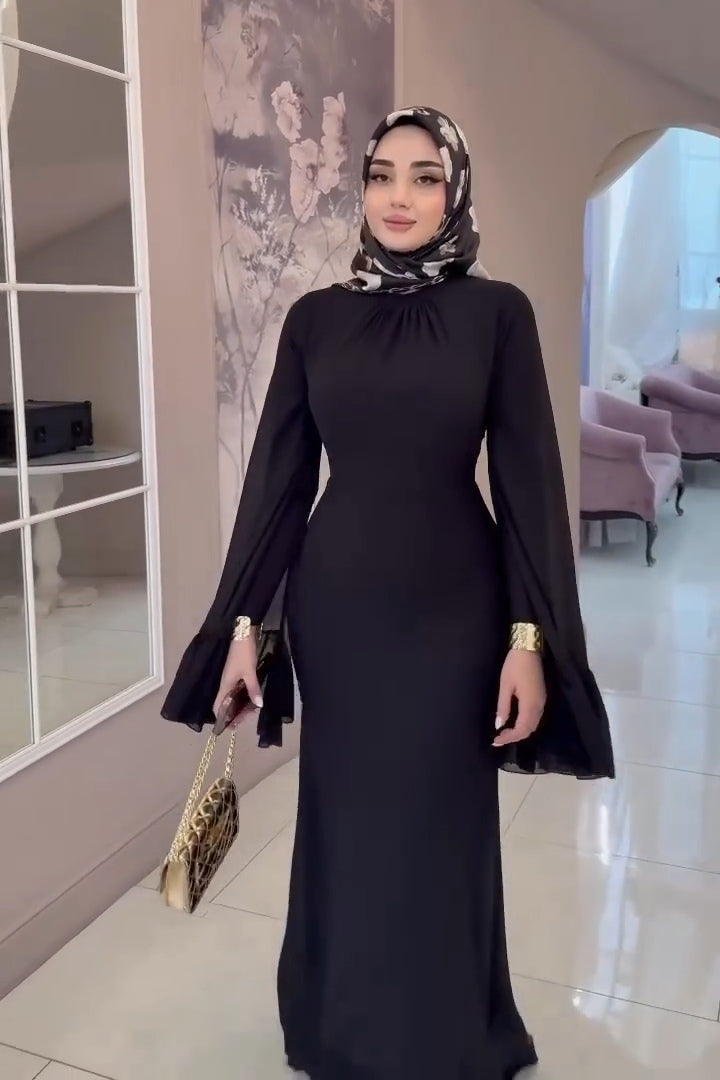 Zahra Neck Gathered Flare Sleeve Maxi Dress