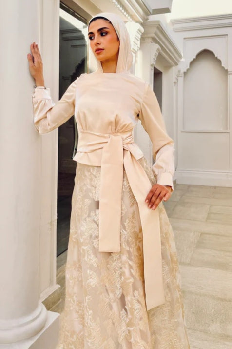 High-Neck Silhouette Maxi Gown-Beige
