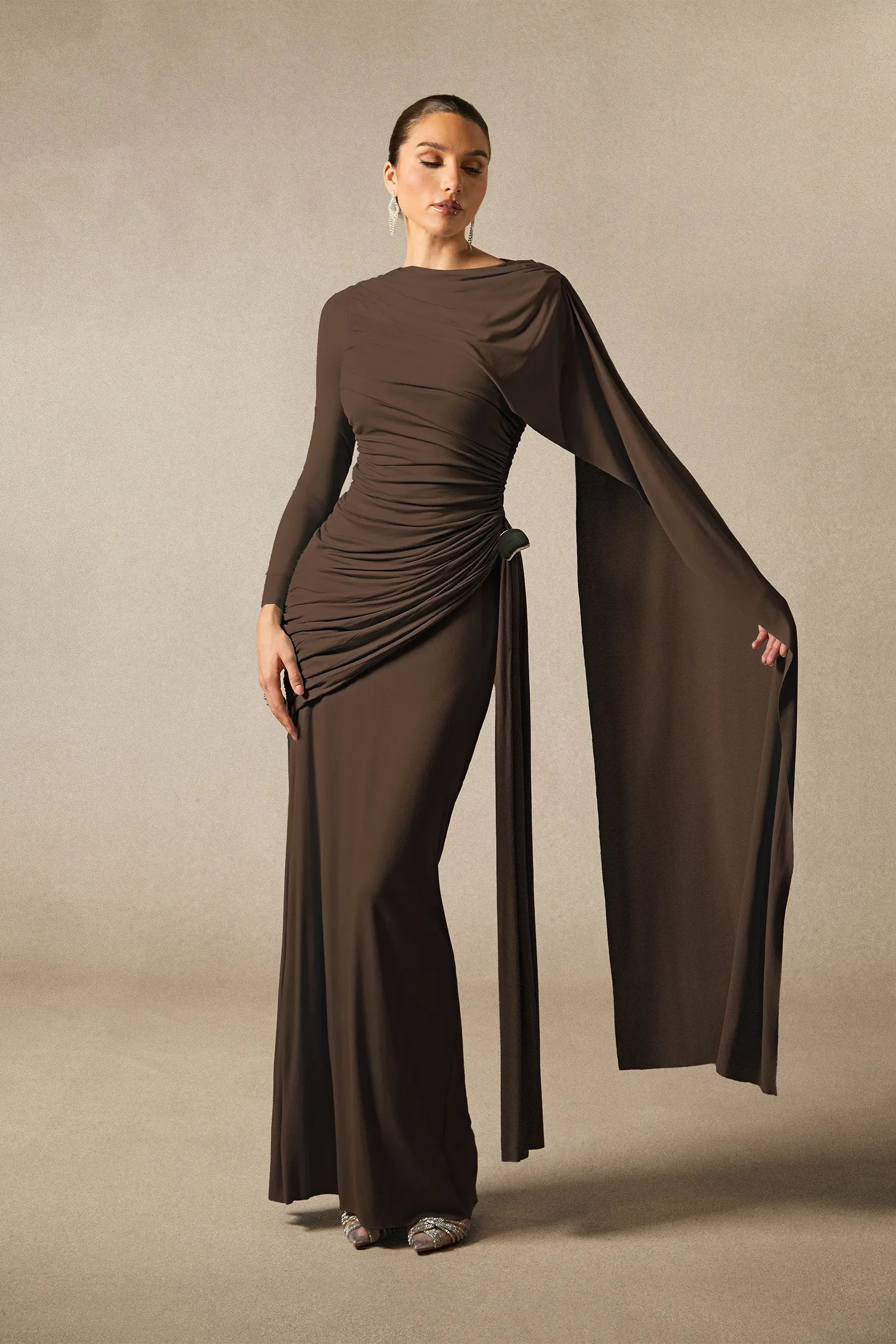 Elegant Solid-Color Slim-Fit Maxi Dress-Brown