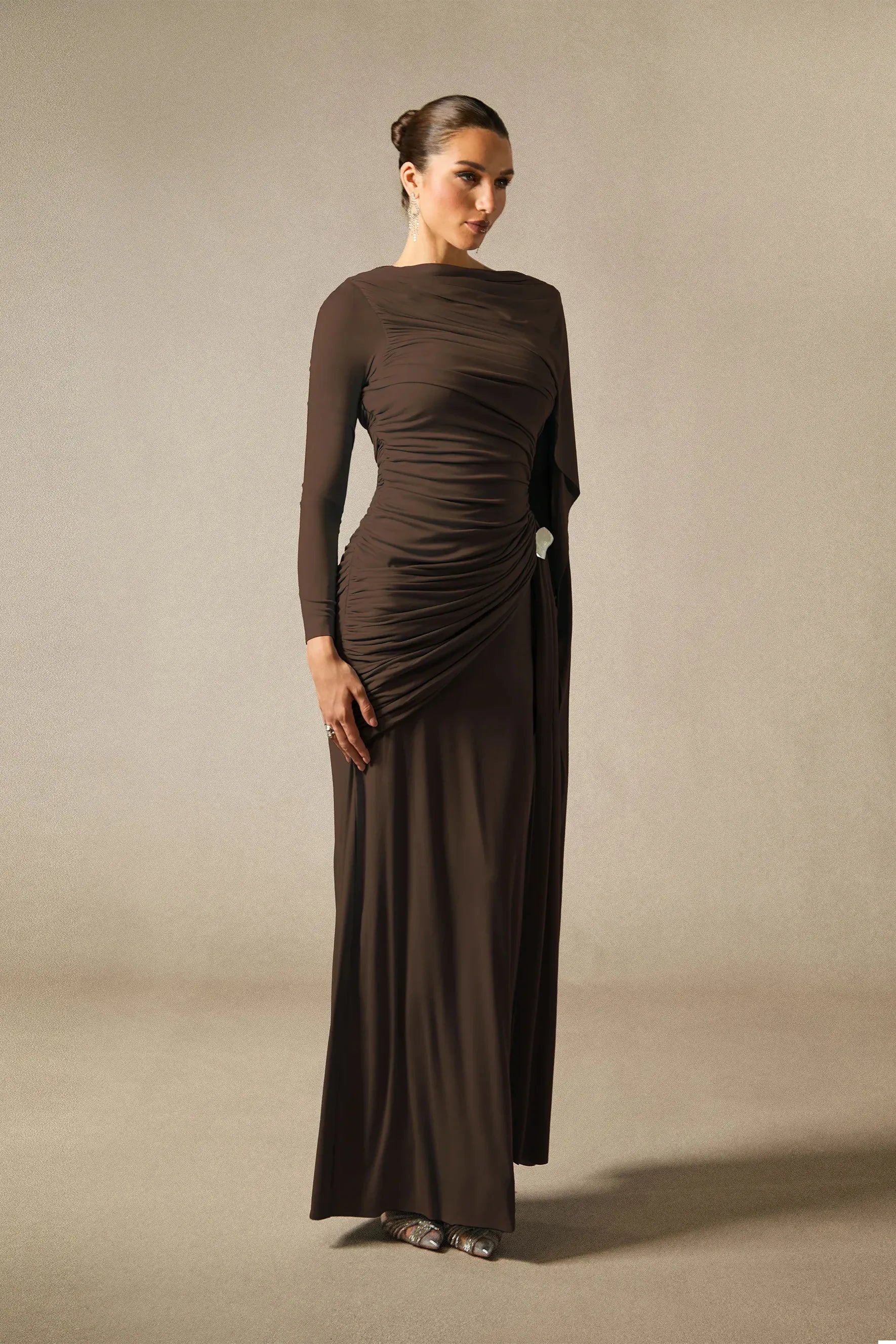 Elegant Solid-Color Slim-Fit Maxi Dress-Brown