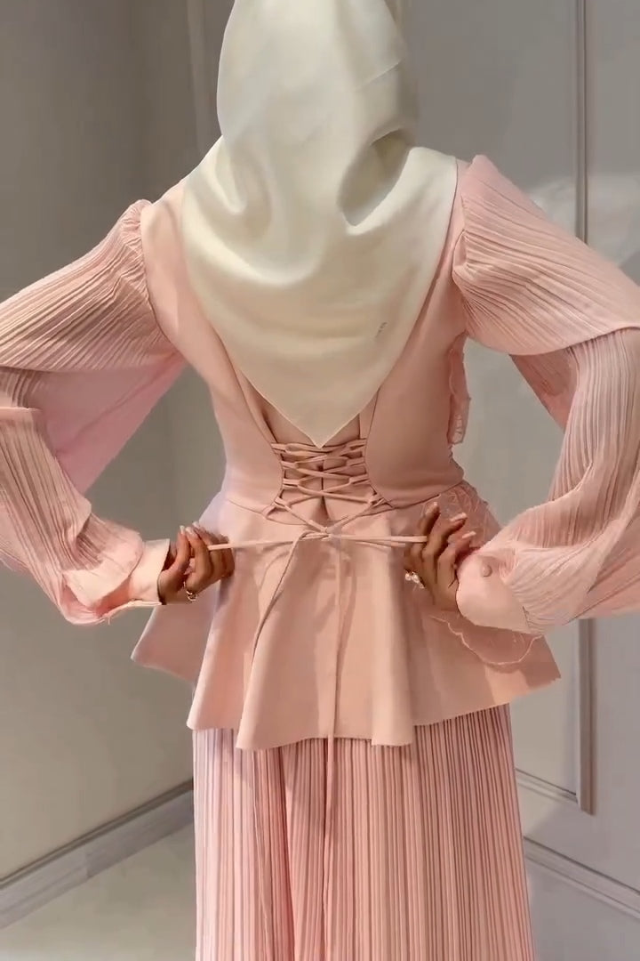 Elena Peplum Pleated Skirt Two Piece Set-Pink
