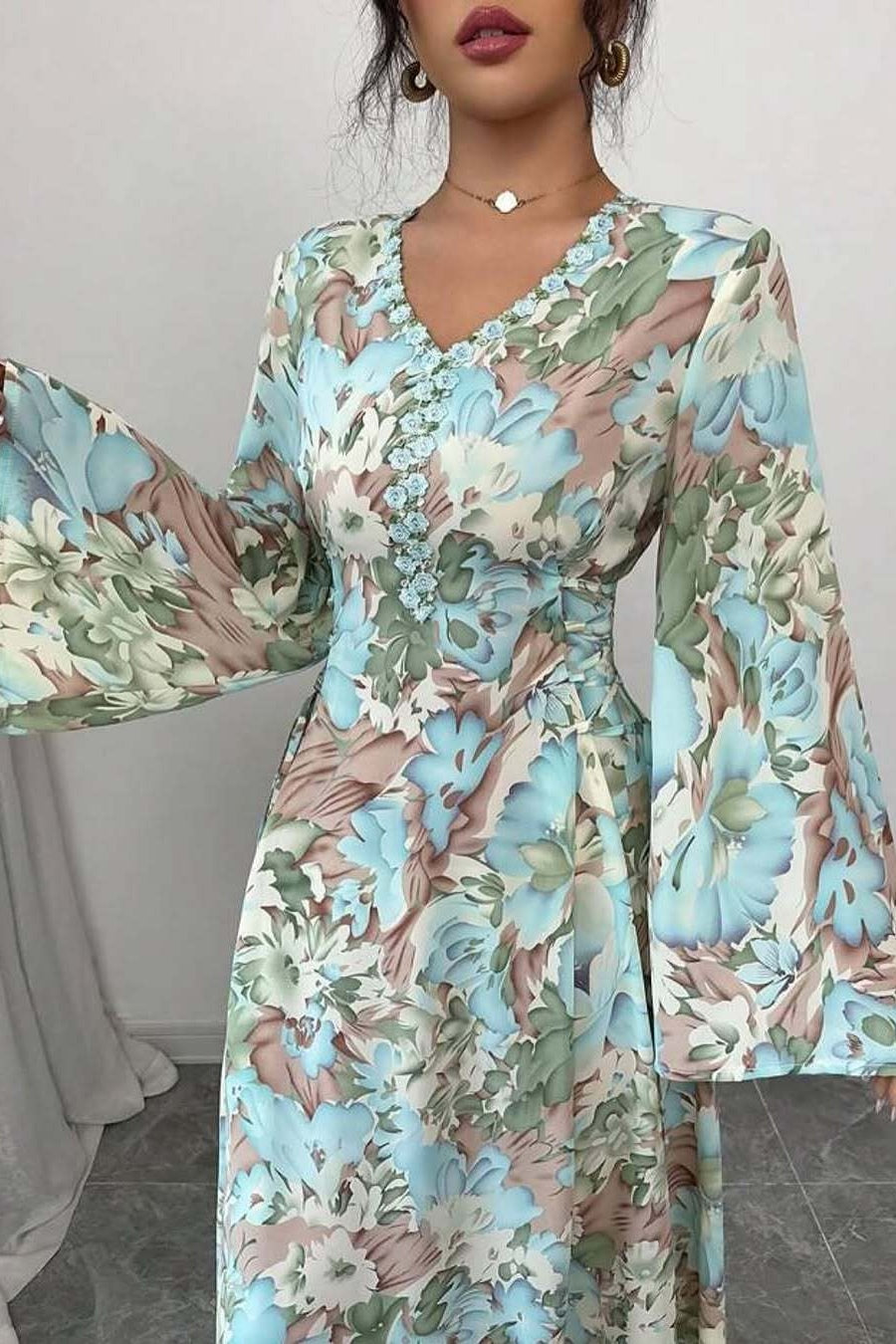 Cassia Floral Flare Sleeve Maxi Dress-Green