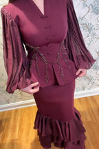 Hana Frog Button Lace Peplum Skirt Set-Wine