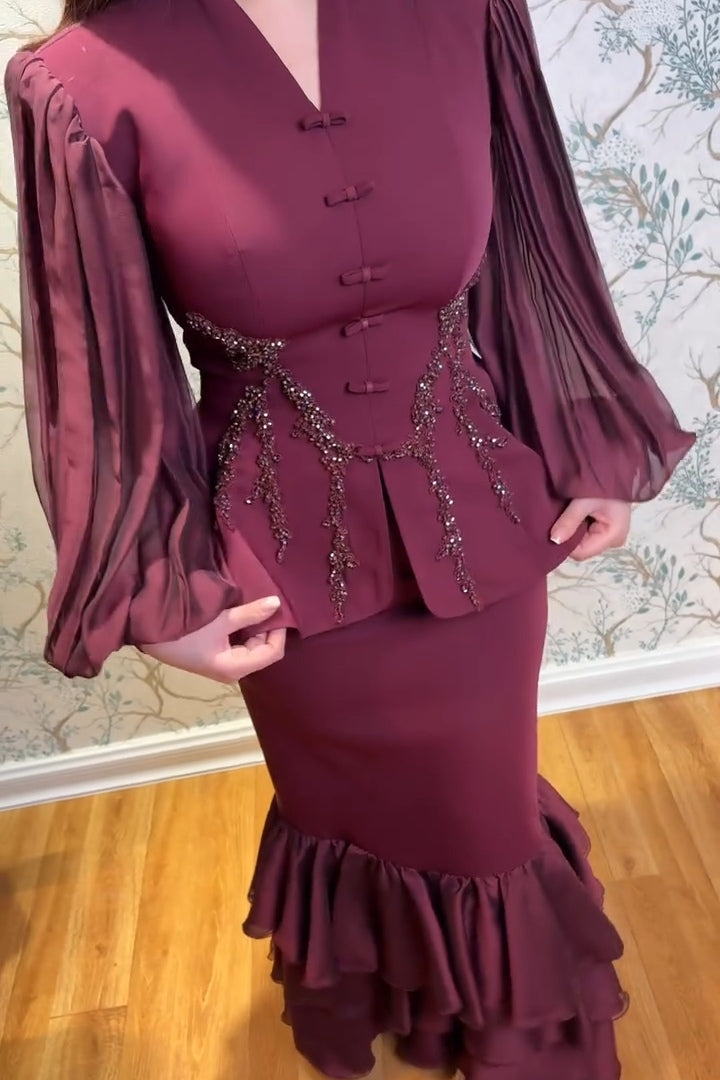 Hana Frog Button Lace Peplum Skirt Set-Wine