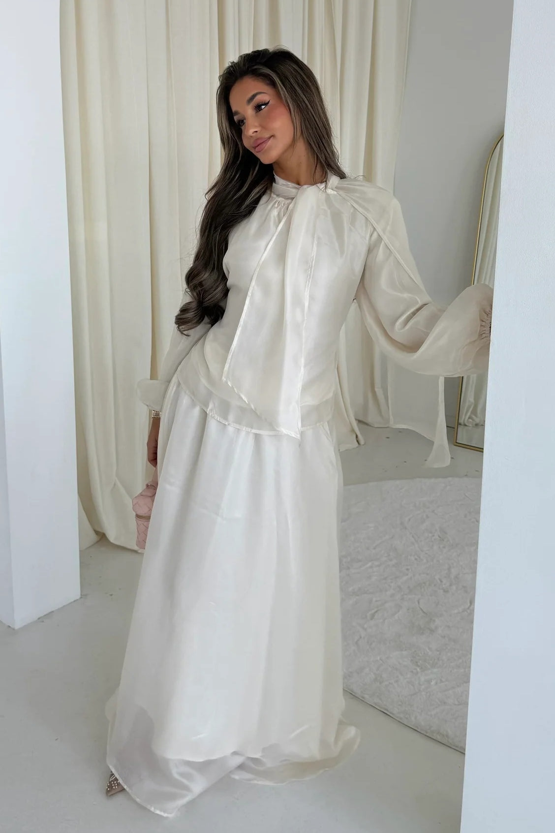 Luminous Organza Tie Neck Maxi Dress-White