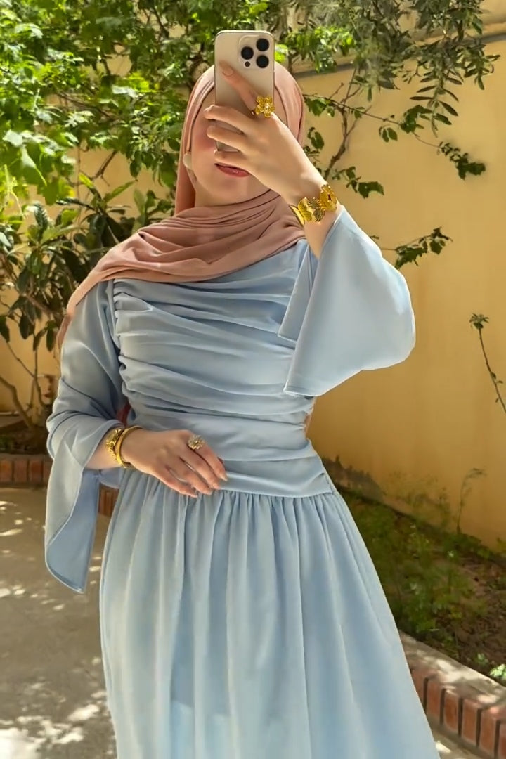 Rahma Side Ruched Flare Sleeve Maxi Dress-Blue