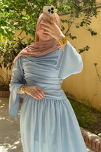Rahma Side Ruched Flare Sleeve Maxi Dress-Blue