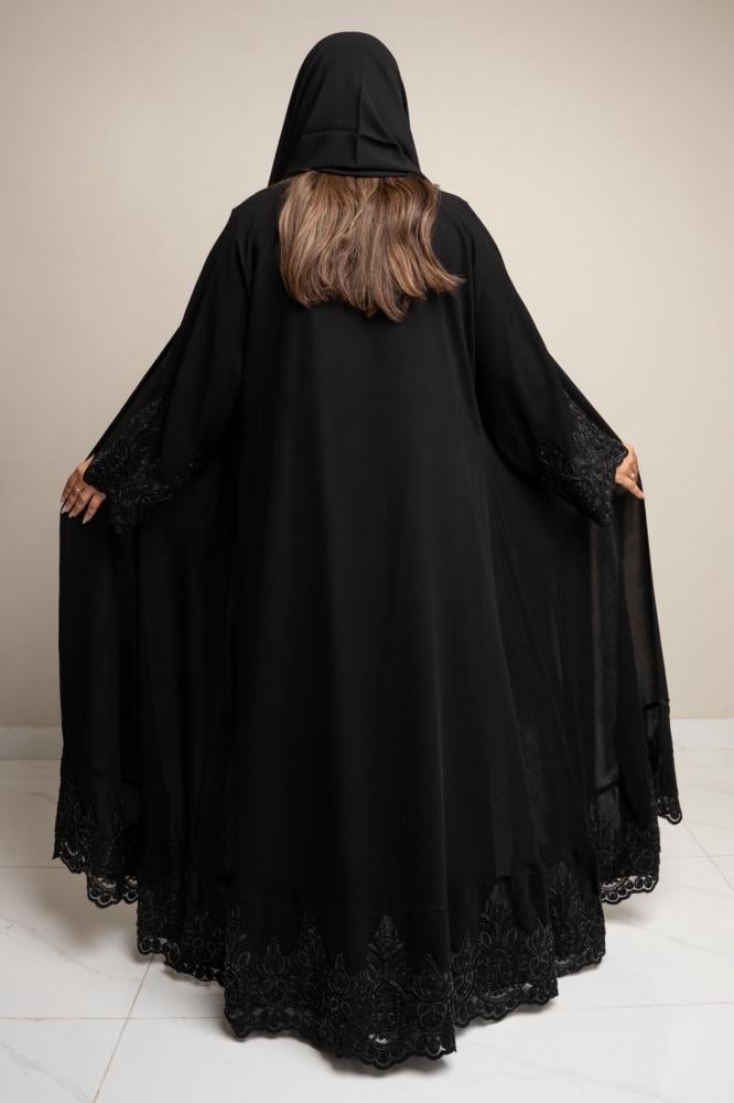Zahra Sequin Lace Trim Hooded Open Abaya