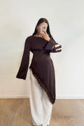 Lace-Trimmed Asymmetric Satin Modest Tunic-Coffee