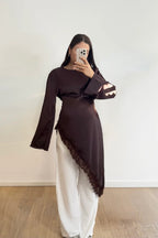Lace-Trimmed Asymmetric Satin Modest Tunic-Coffee