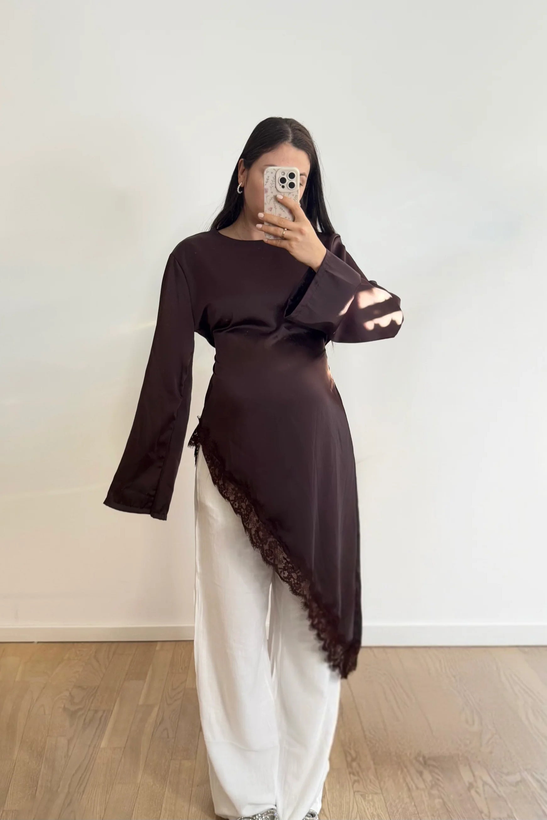Lace-Trimmed Asymmetric Satin Modest Tunic-Coffee