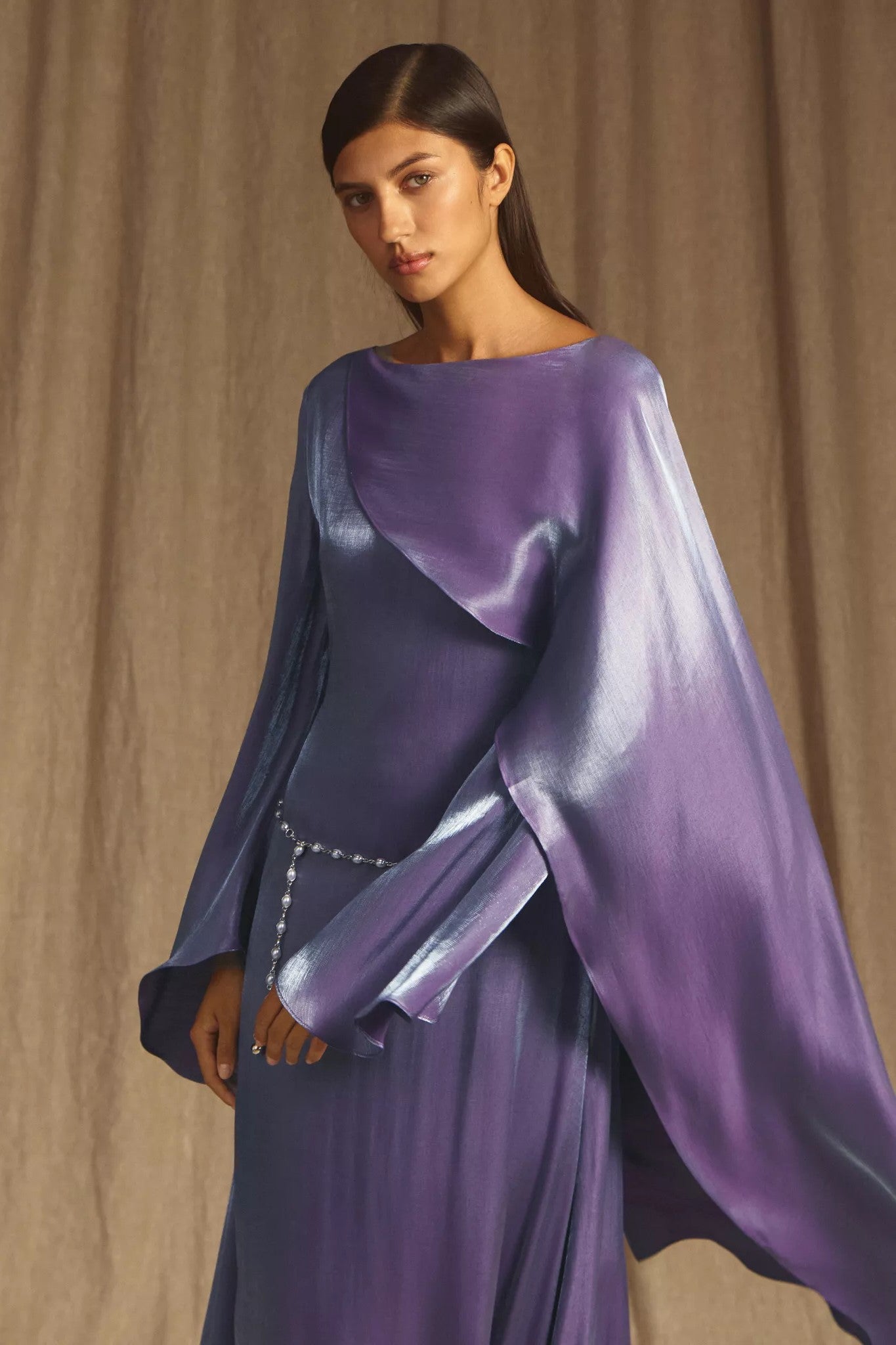 Elegant Cape-Sleeve Modest Maxi Dress-Purple