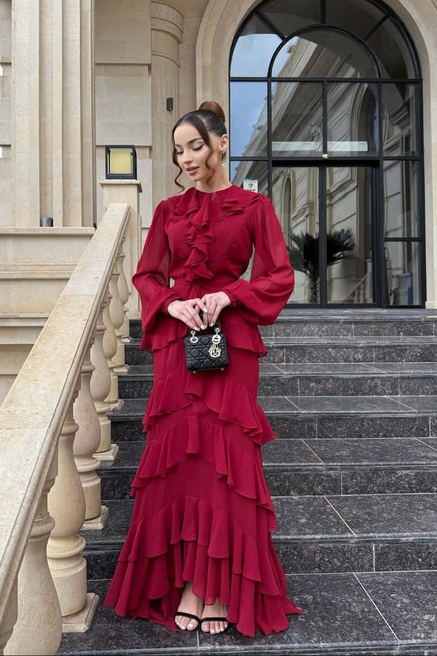 Elegant Ruffled Tiered Maxi Gown-Red