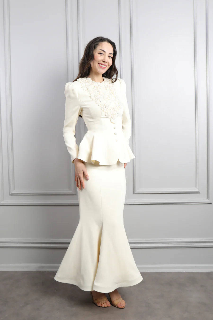 Mary Applique Peplum Skirt Set-White