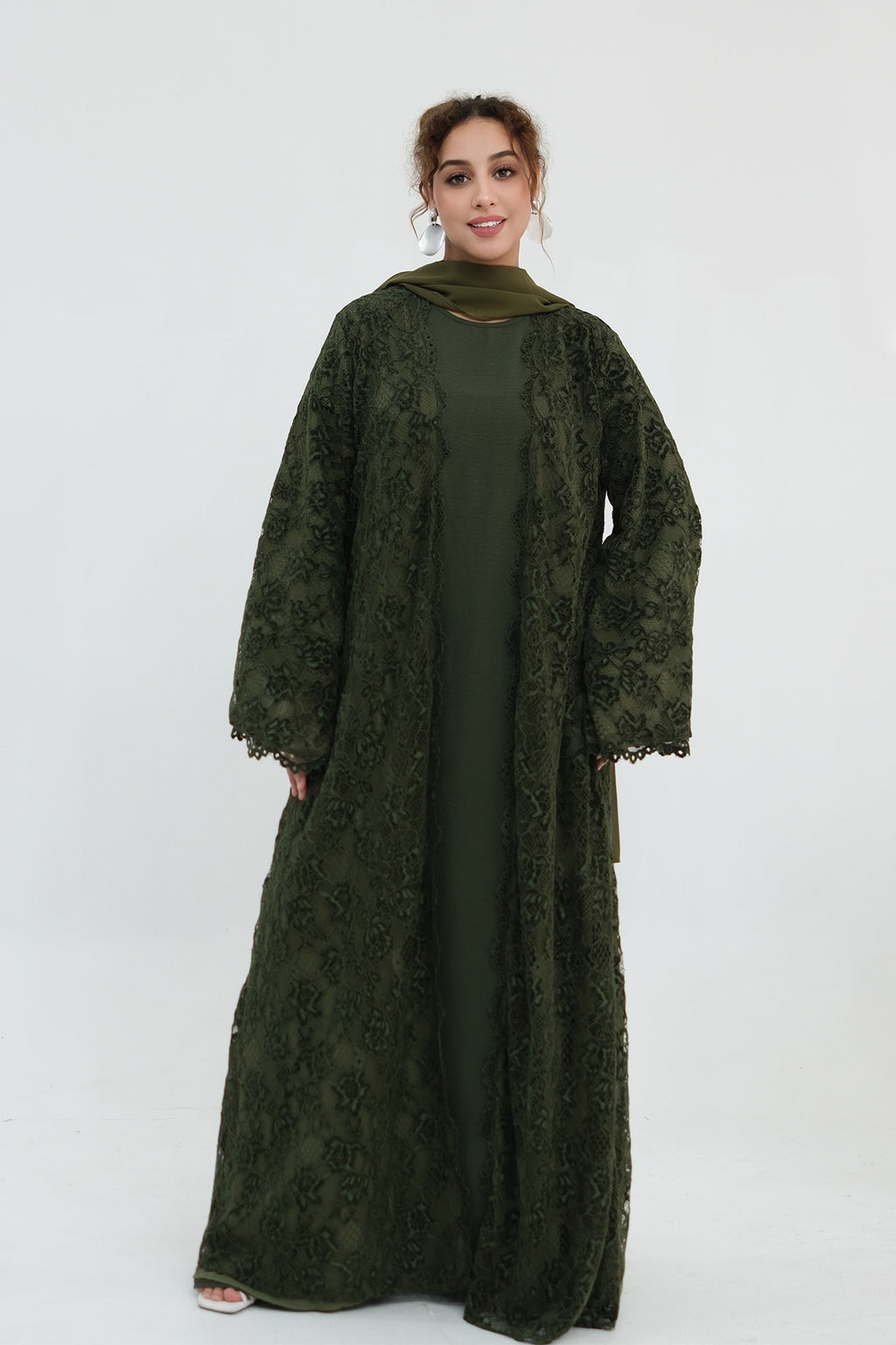 Nurul Floral Lace Open Front Long Abaya-Green