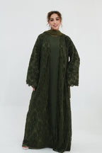 Nurul Floral Lace Open Front Long Abaya-Green