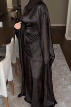 Zahra Floral Jacquard Open Abaya Set-Black