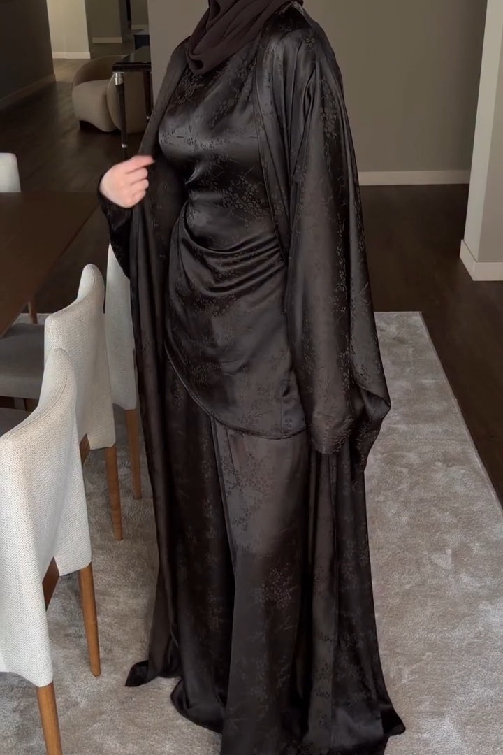 Zahra Floral Jacquard Open Abaya Set-Black