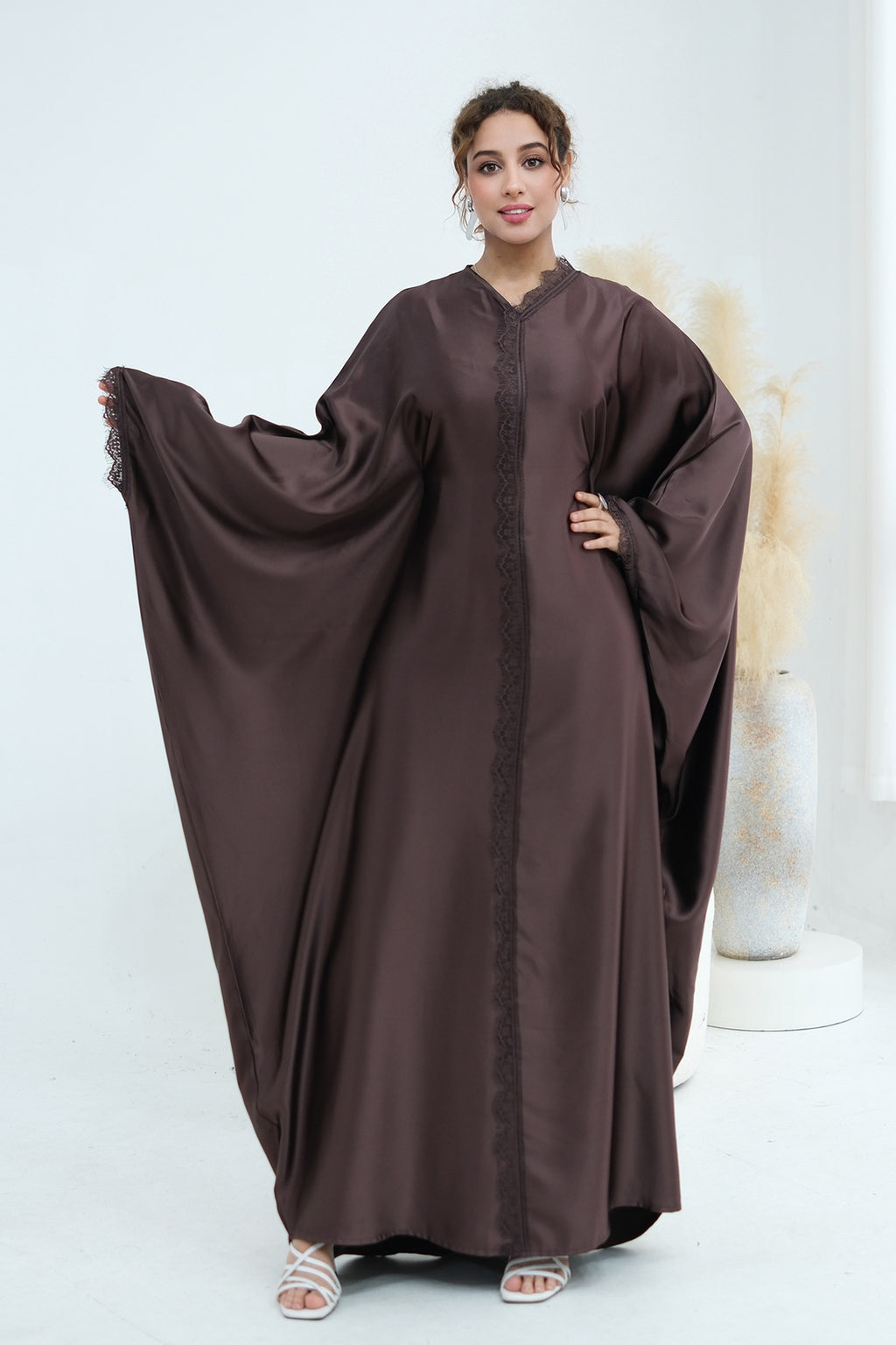 Sara Lace Trim Batwing Satin Abaya-Coffee