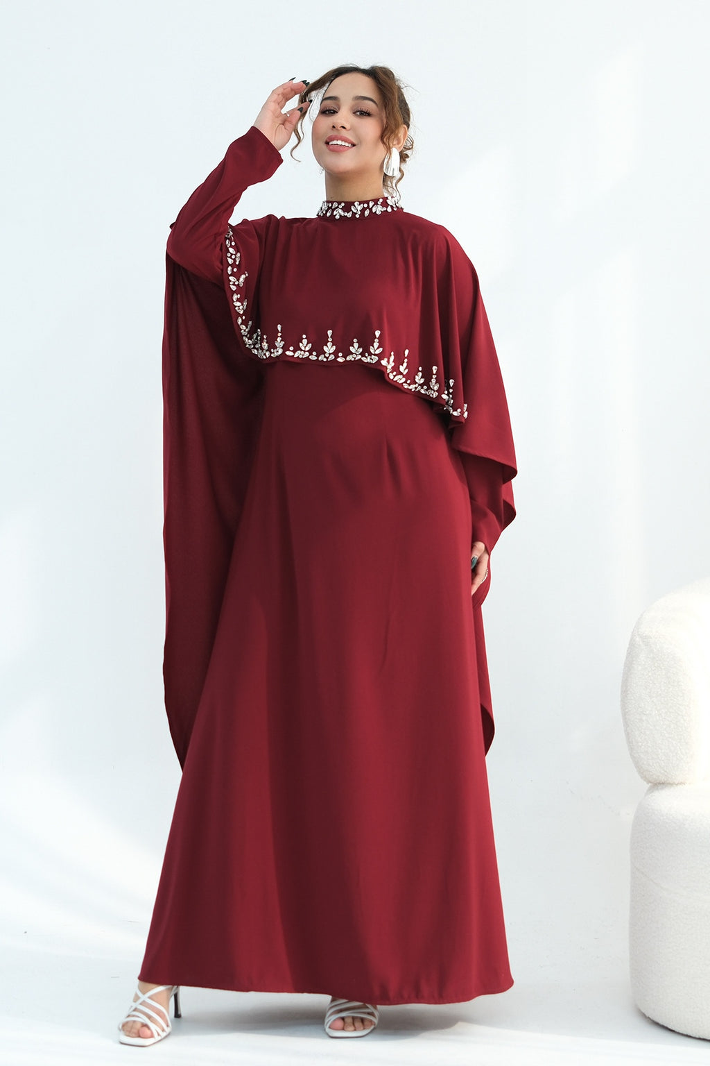 Maya Rhinestone Cape Layer Maxi Dress-Wine