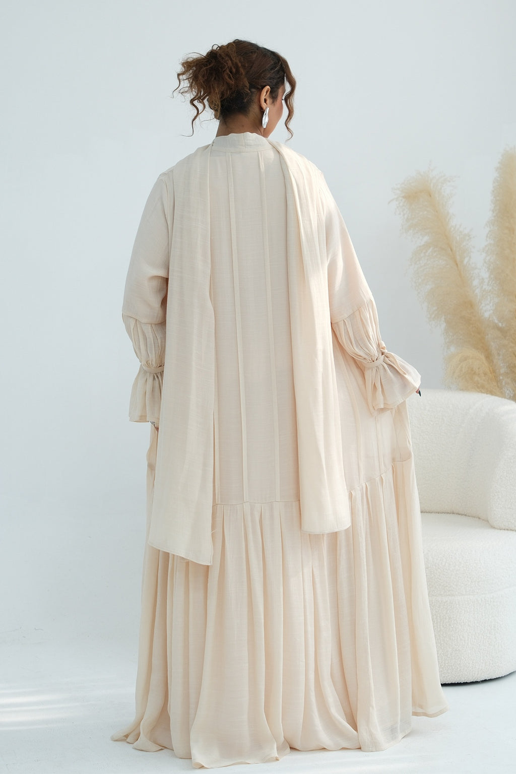 Rahma Tiered Flare Cuff Open Abaya-Apricot