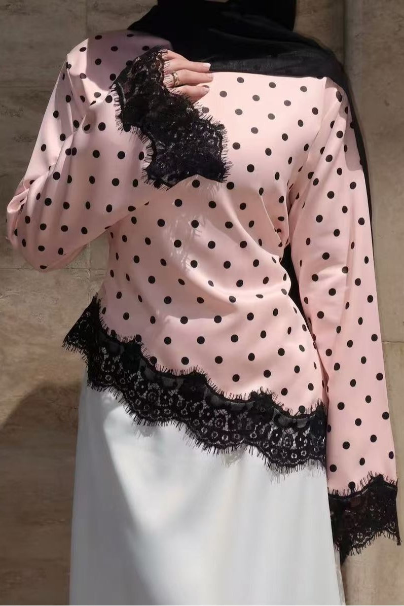 Zahra Polka Dot Lace Trim Satin Blouse-Pink