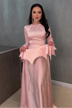 Ayla Flare Sleeve Chain Trim Satin Maxi-Pink