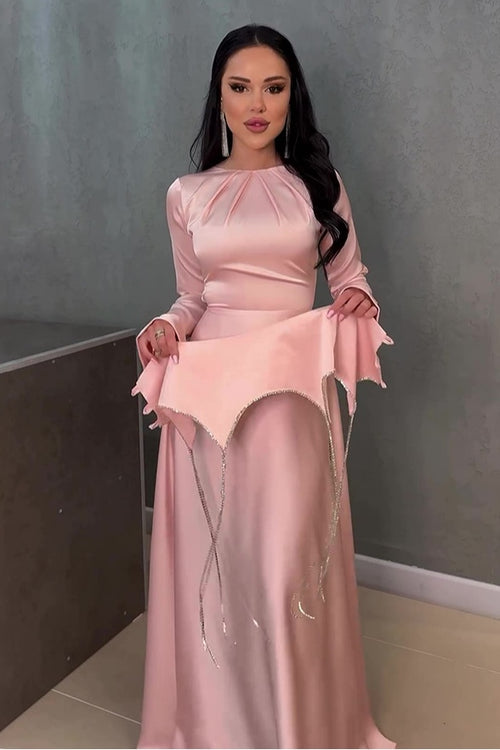 Ayla Flare Sleeve Chain Trim Satin Maxi-Pink