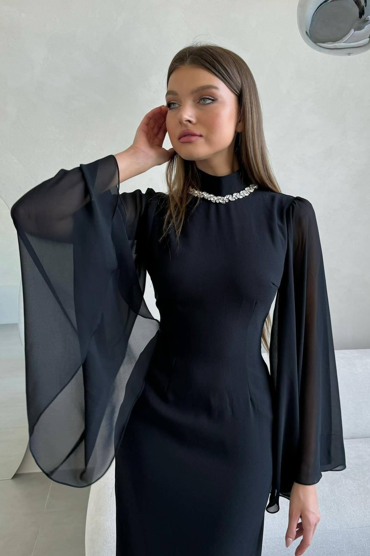 Clara Rhinestone Neck Flare Sleeve Midi Gown