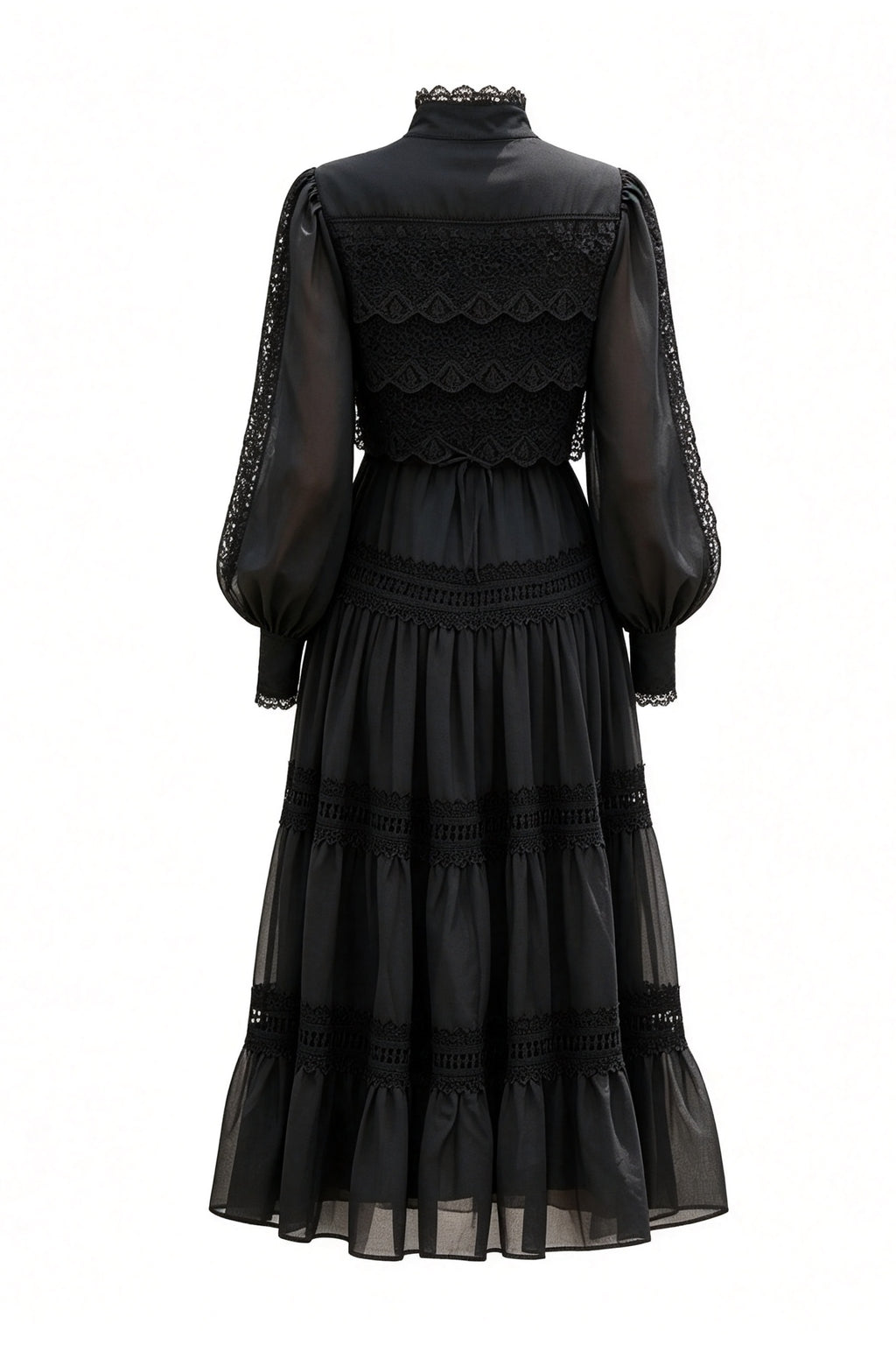 Lulu Lace Tiered Tie Waist Midi-Black