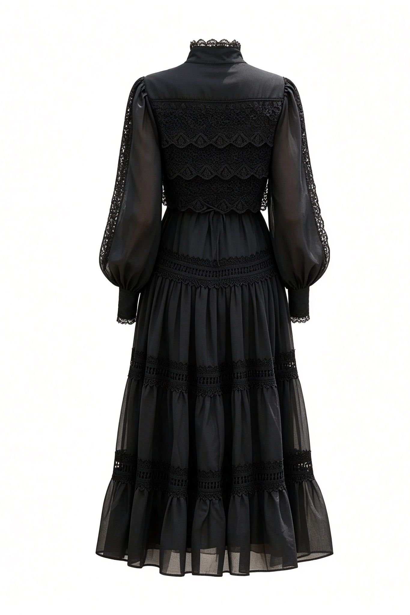Lulu Lace Tiered Tie Waist Midi-Black
