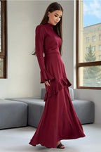 Huda High Neck Flare Sleeve Ruffle Maxi Dress-Red