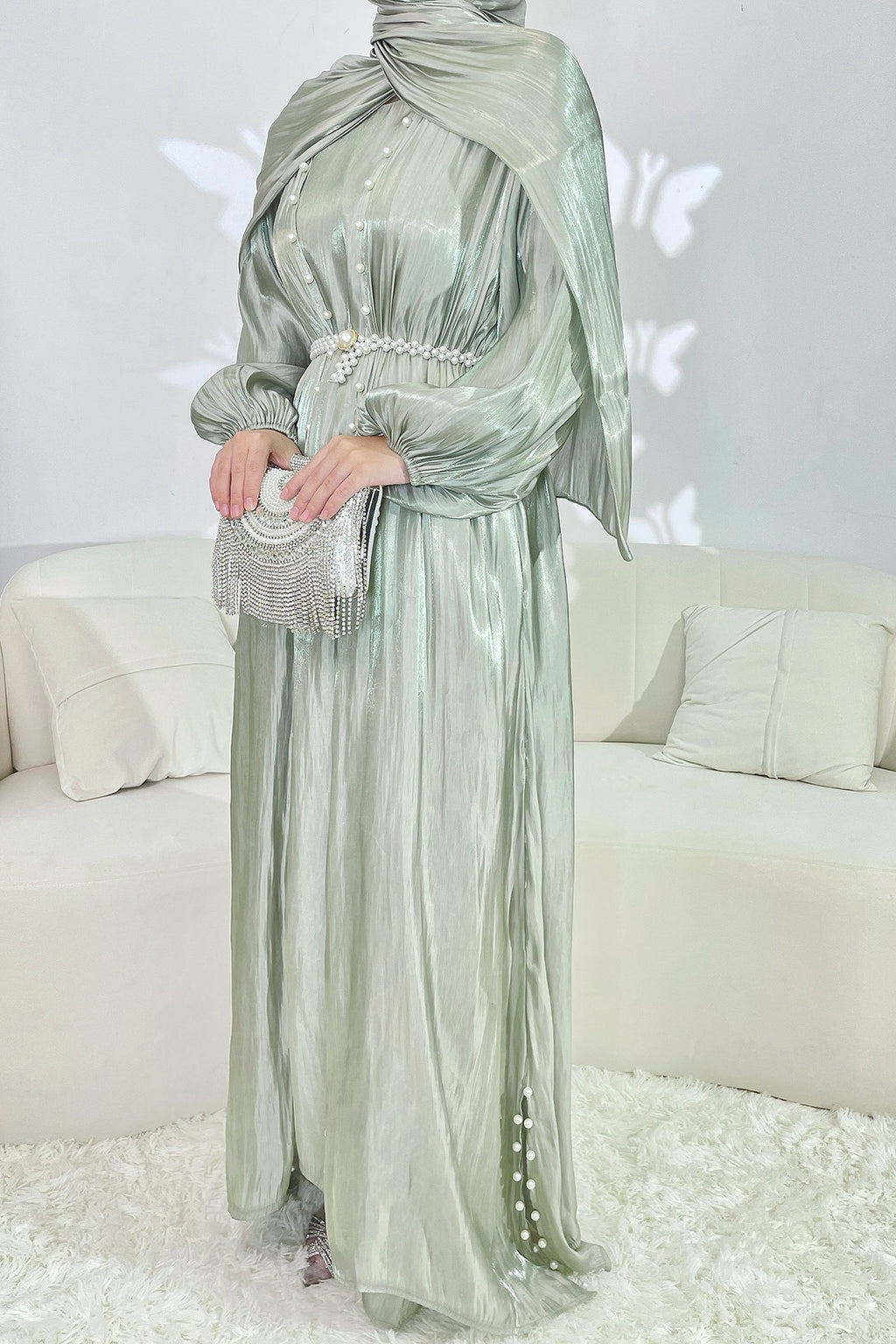 Maya Pearl Belt Shimmer Three-Piece Co-ord-Green