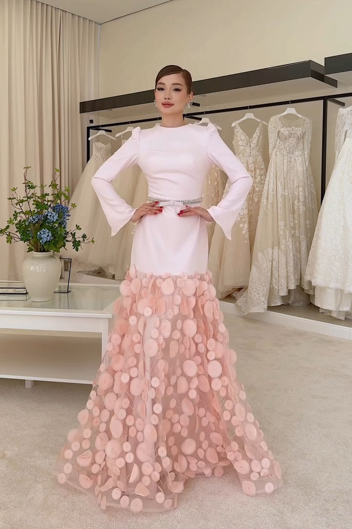 Vera 3D Petal Flare Sleeve Maxi Dress-Pink