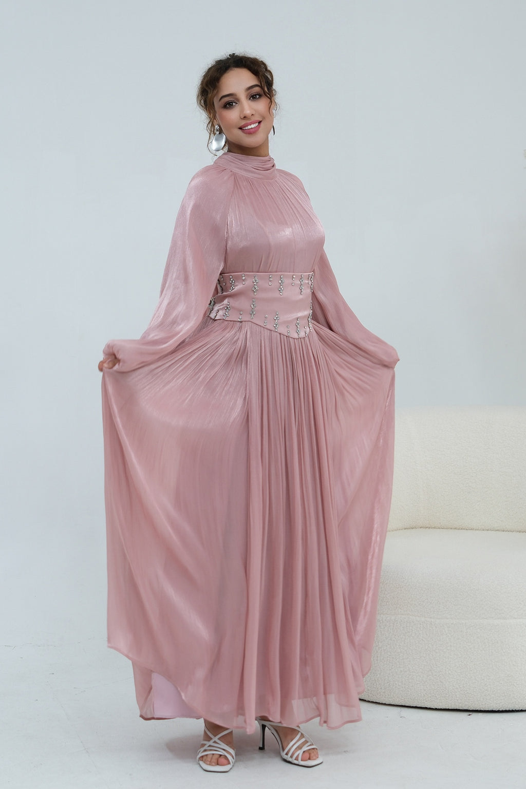 Rania Beaded Waist Shimmer Maxi-Pink