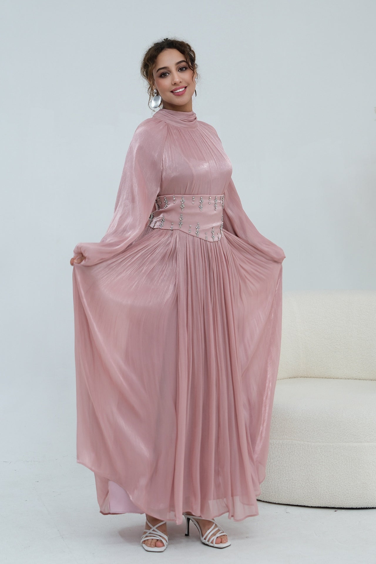 Rania Beaded Waist Shimmer Maxi-Pink