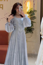 Sylvia Lace Panel Puff Sleeve Maxi-Blue