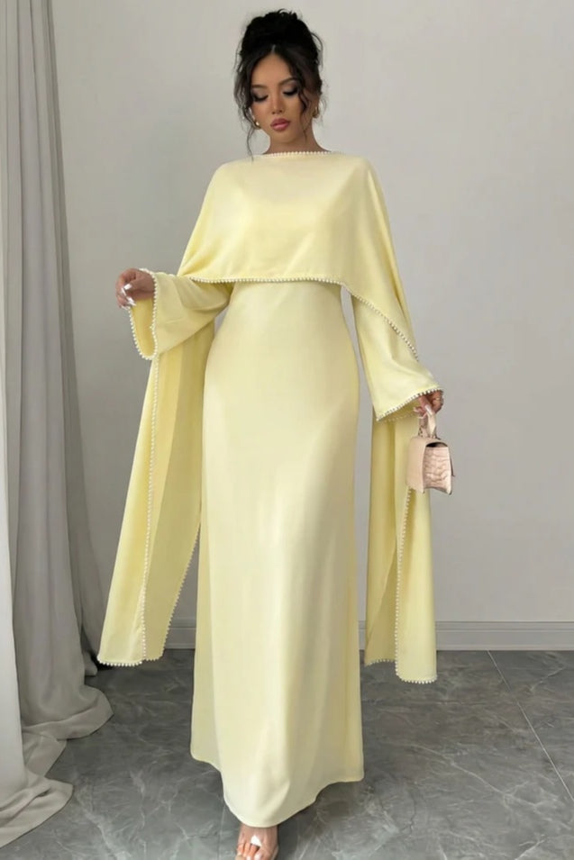 Pearl-Trimmed Cape Modest Evening Gown-Yellow