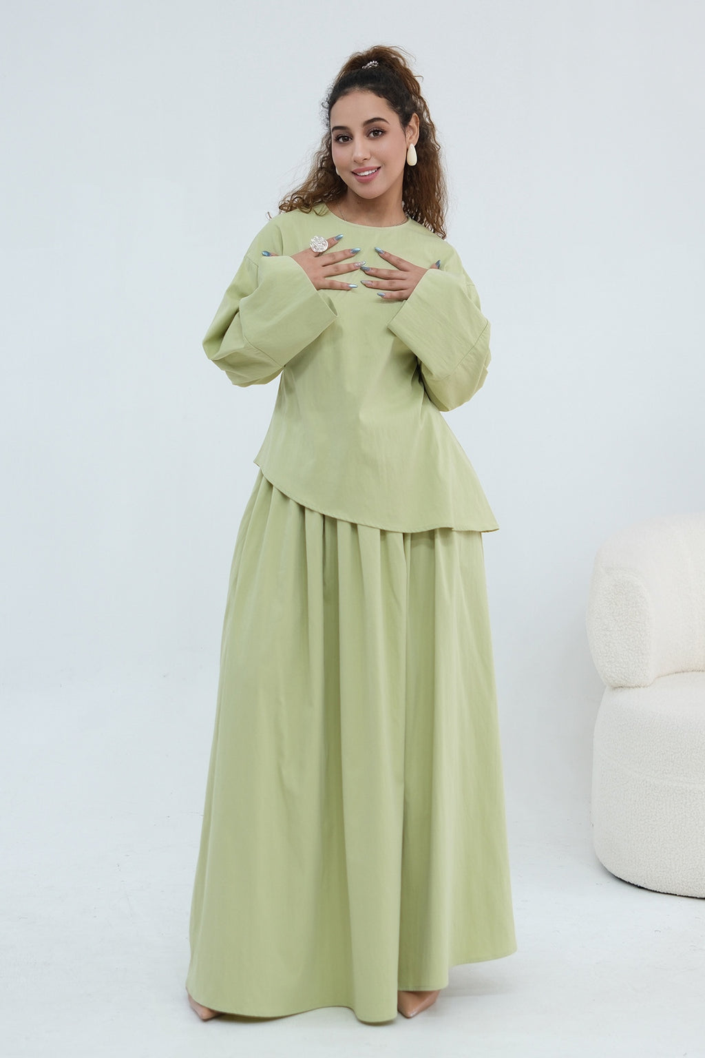 Zahra Asymmetrical Two Piece Maxi Set-Green