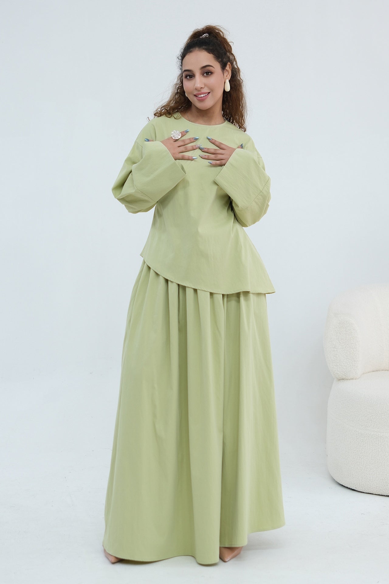 Zahra Asymmetrical Two Piece Maxi Set-Green