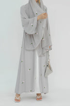 Floral Embroidered Abaya & Hijab Set-Grey