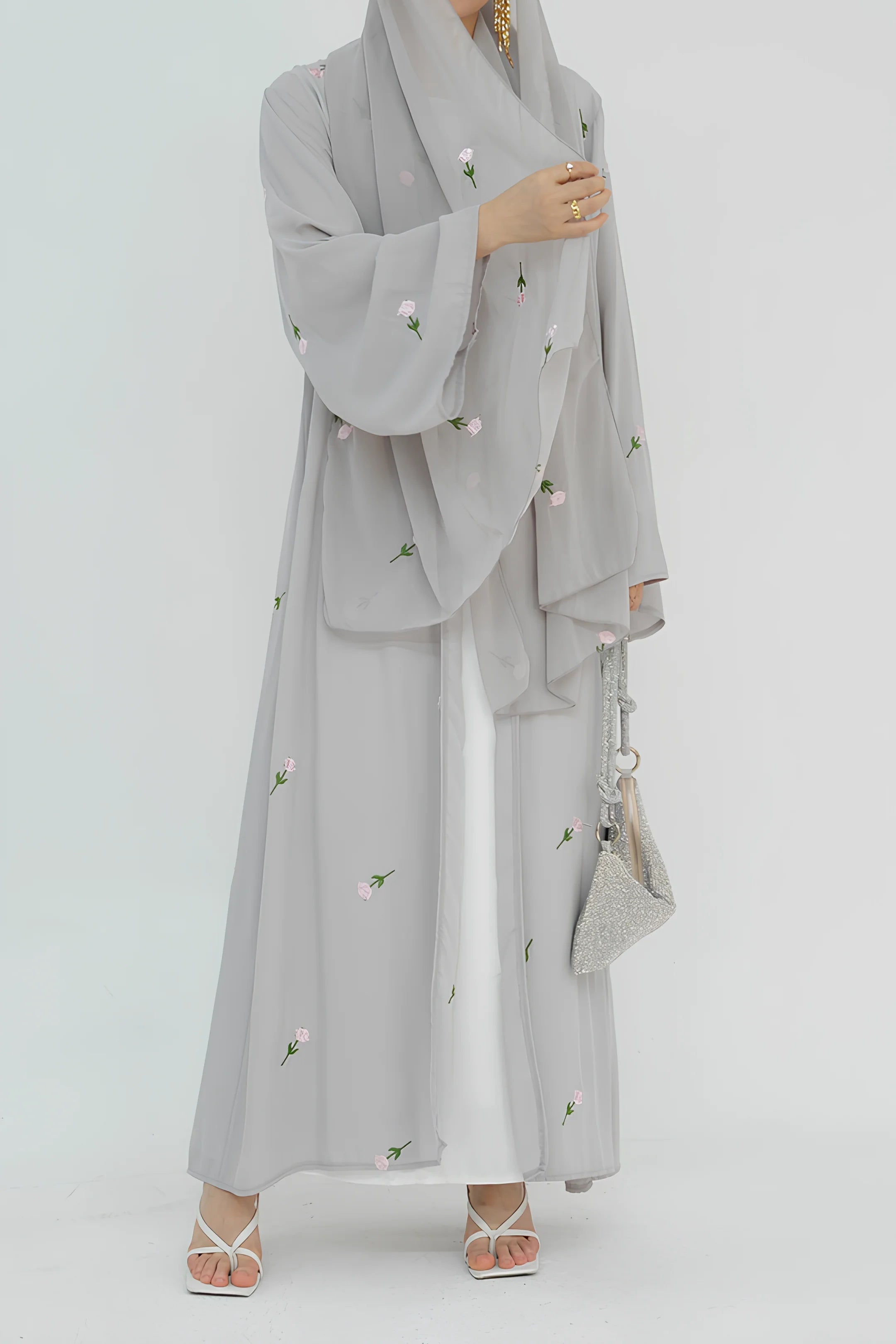 Floral Embroidered Abaya & Hijab Set-Grey