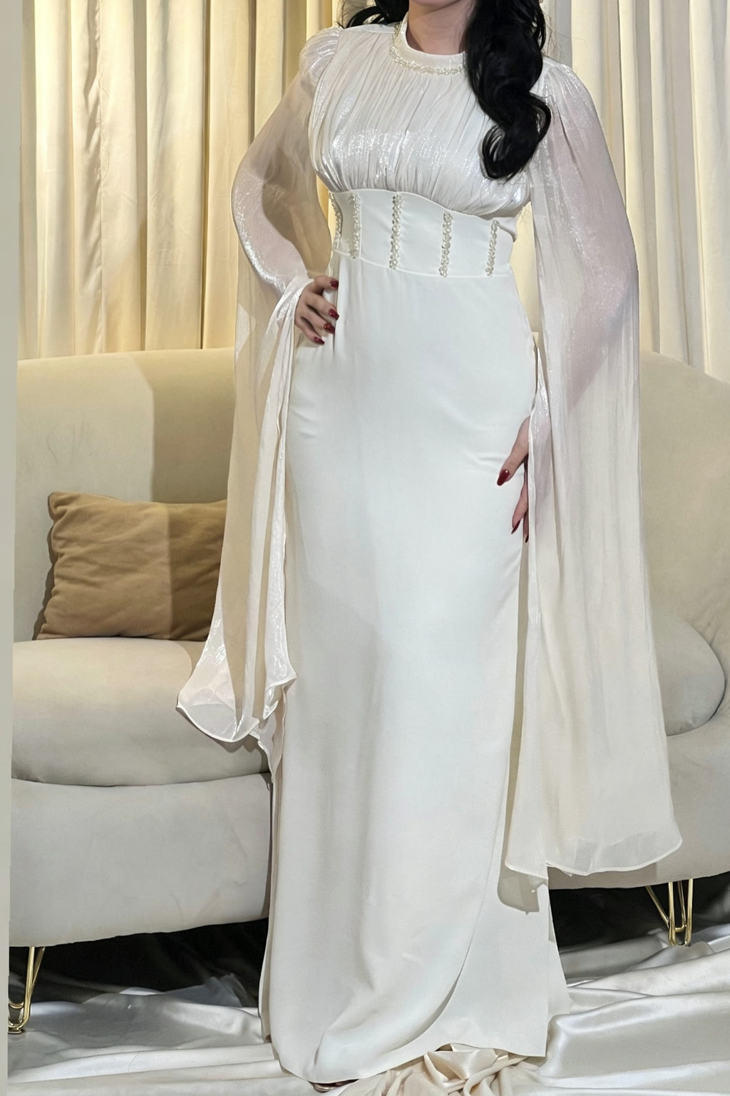 Serena Beaded Corset Bell Sleeve Gown