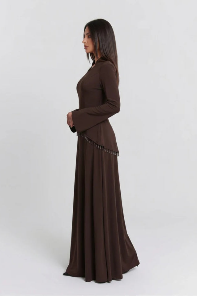 Nur V Neck Beaded Two Piece Abaya-Brown