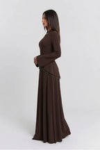 Nur V Neck Beaded Two Piece Abaya-Brown