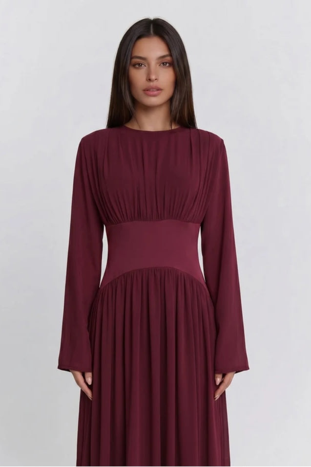 Iris Gathered Waist Flare Sleeve Maxi Dress-Wine