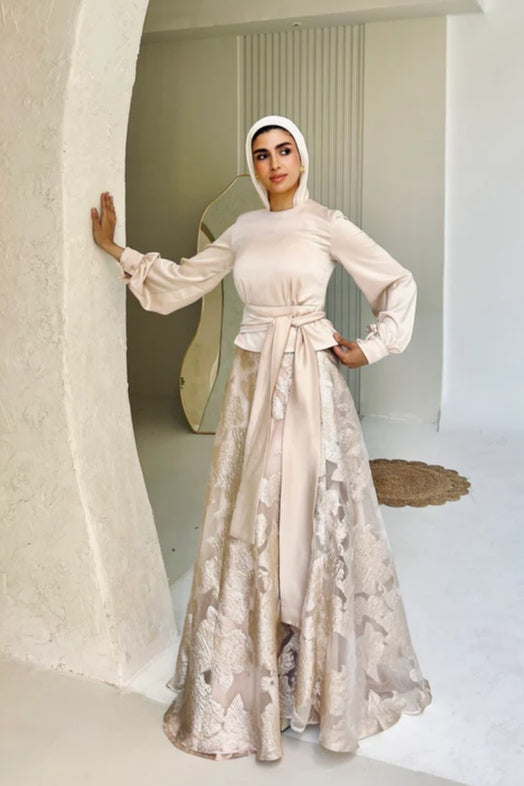 High-Neck Silhouette Maxi Gown-Beige