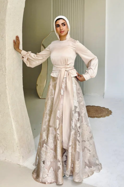 High-Neck Silhouette Maxi Gown-Beige