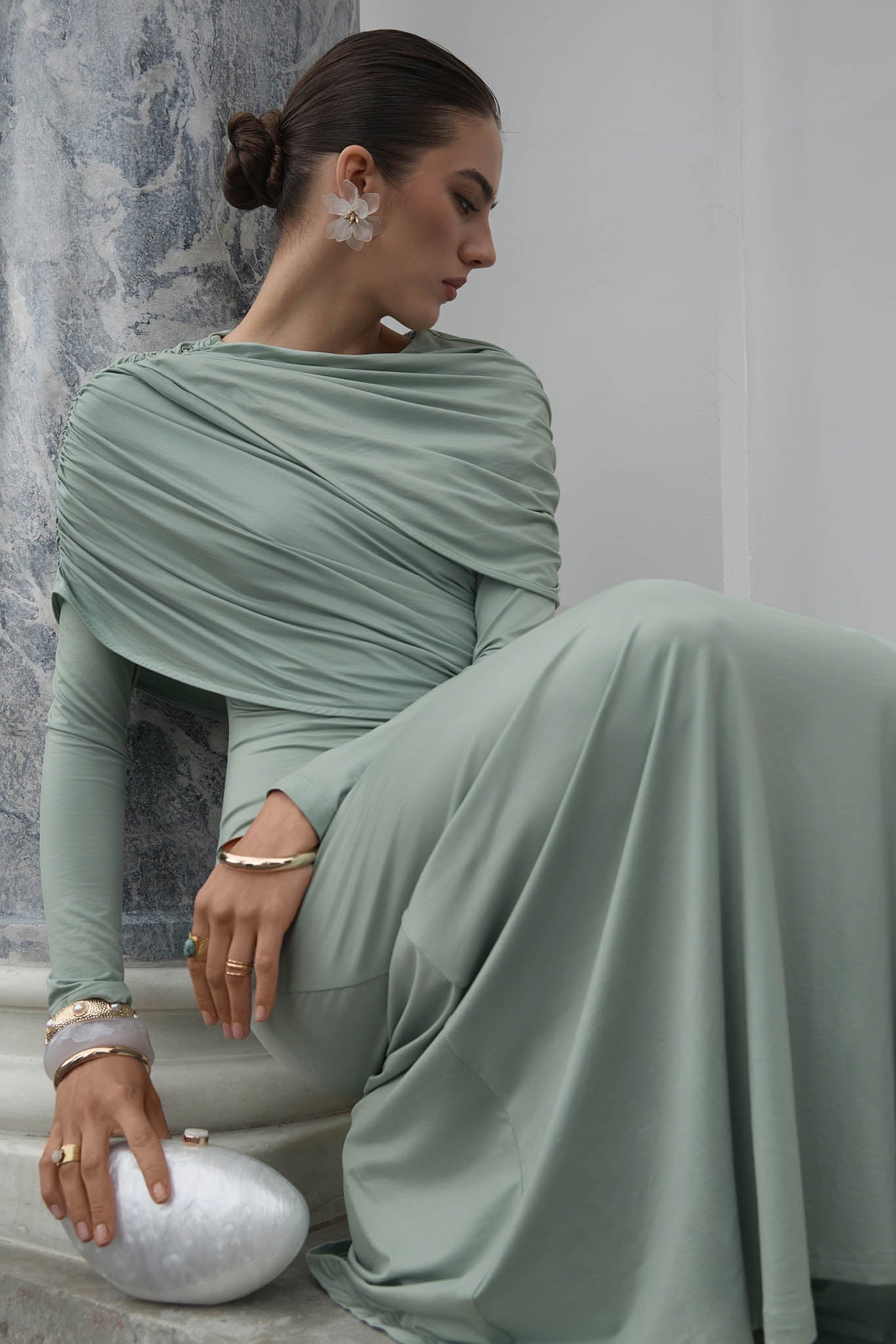 Draped Long-Sleeve Maxi Dress-Green